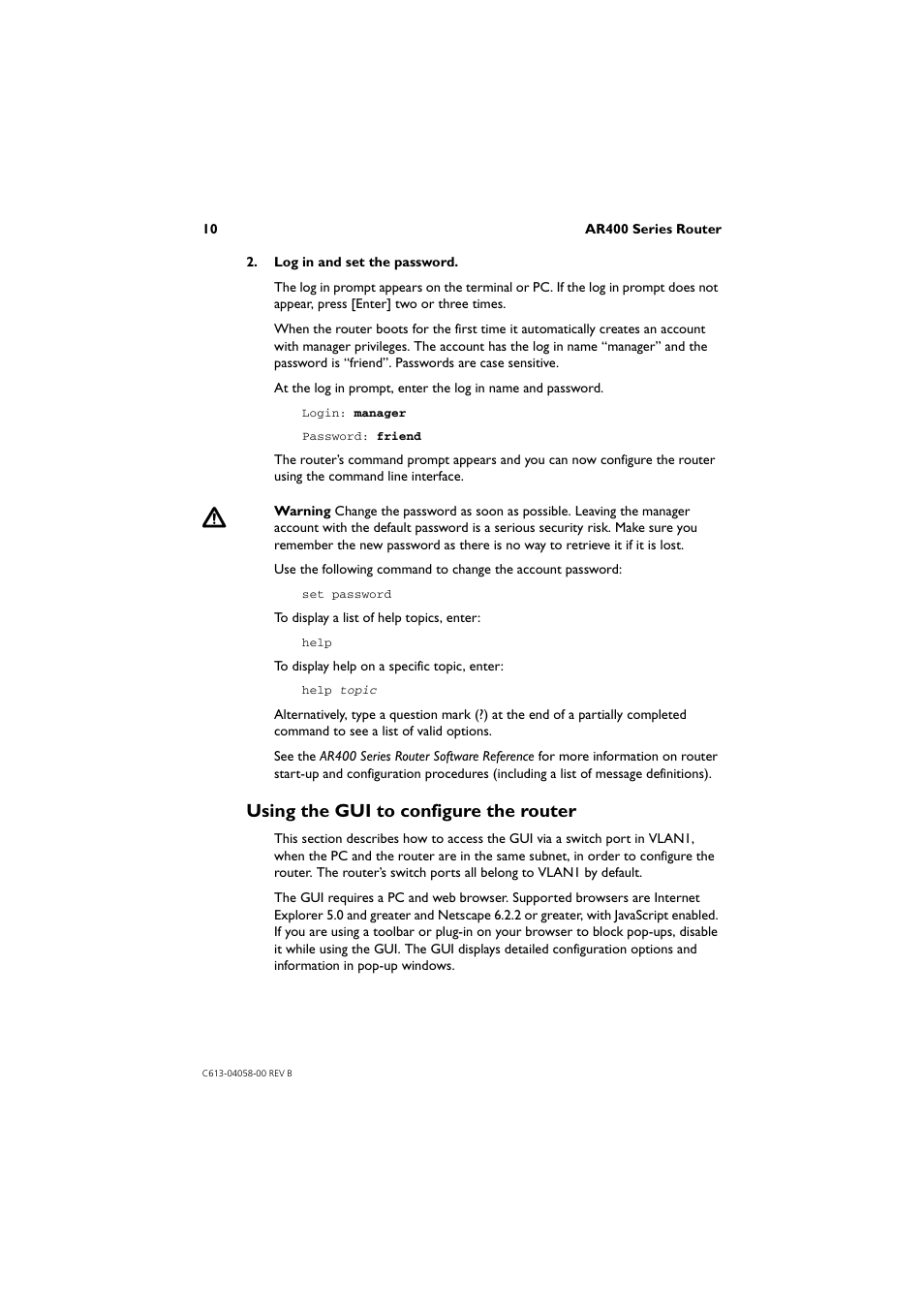 Using the gui to configure the router | Allied Telesis AR400 Series Router User Manual | Page 10 / 40