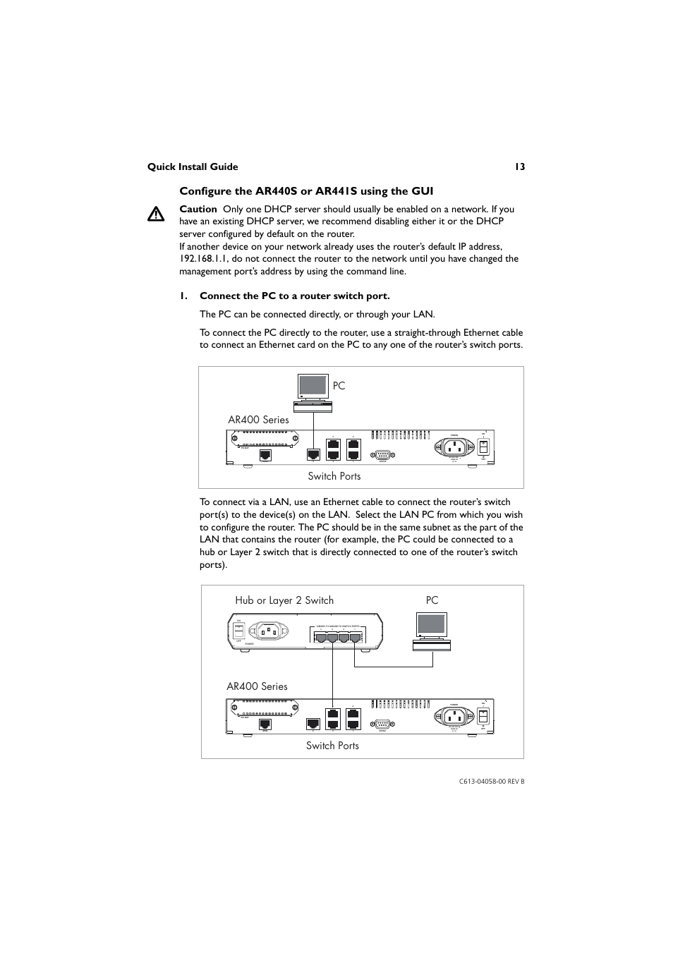 Quick install guide 13, Ar400 series switch ports pc, Ar400 series pc hub or layer 2 switch switch ports | Allied Telesis AR400 Series Router User Manual | Page 13 / 40