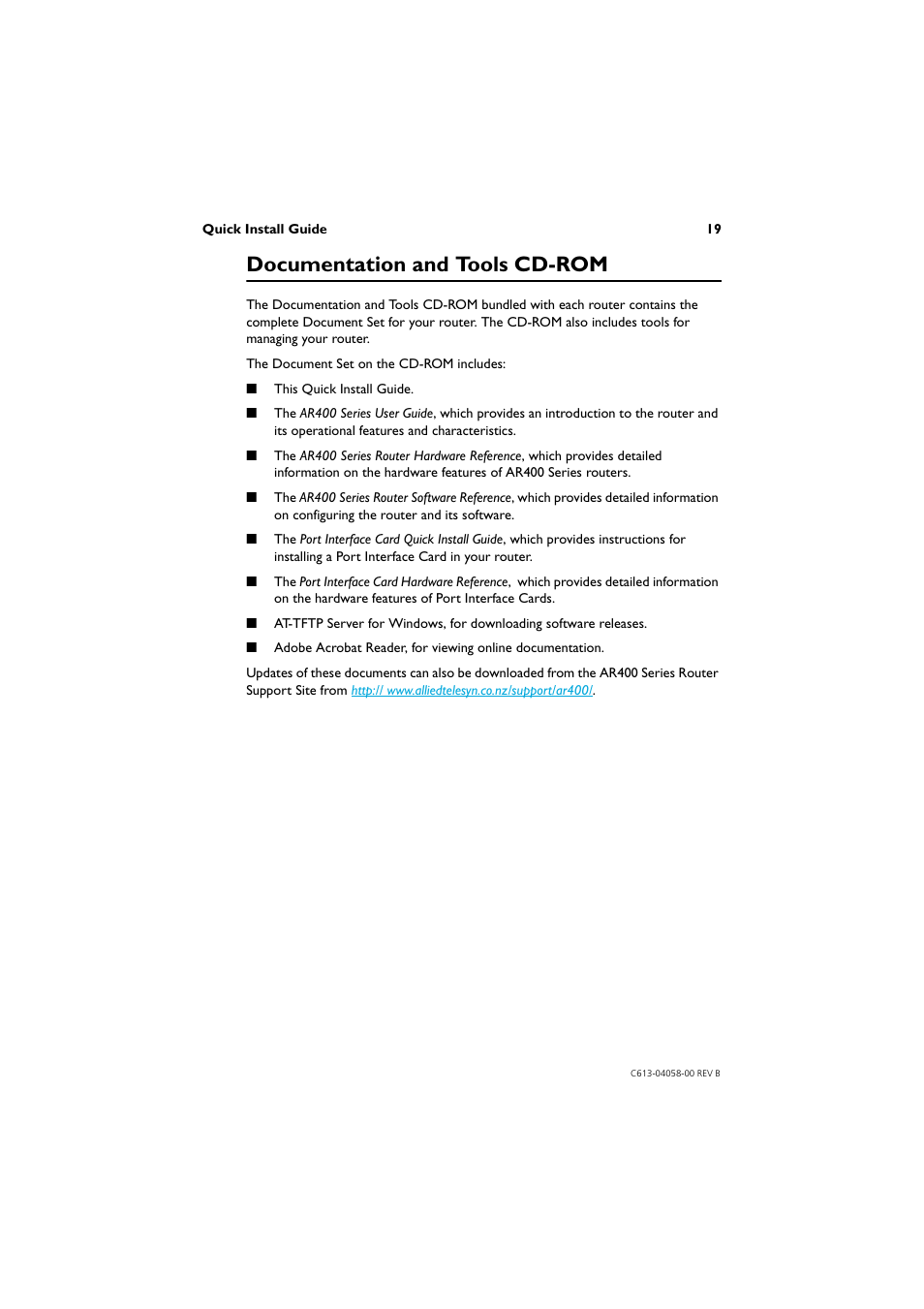 Documentation and tools cd-rom | Allied Telesis AR400 Series Router User Manual | Page 19 / 40