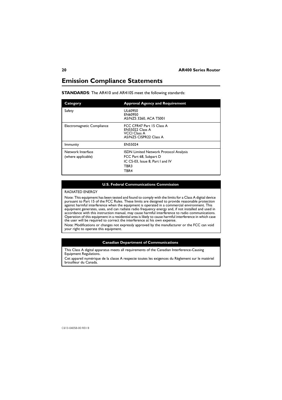 Emission compliance statements | Allied Telesis AR400 Series Router User Manual | Page 20 / 40