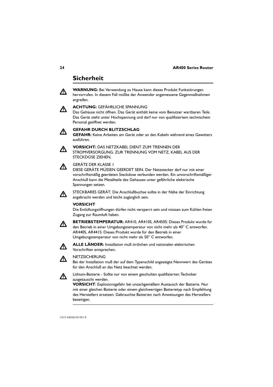 Sicherheit | Allied Telesis AR400 Series Router User Manual | Page 24 / 40