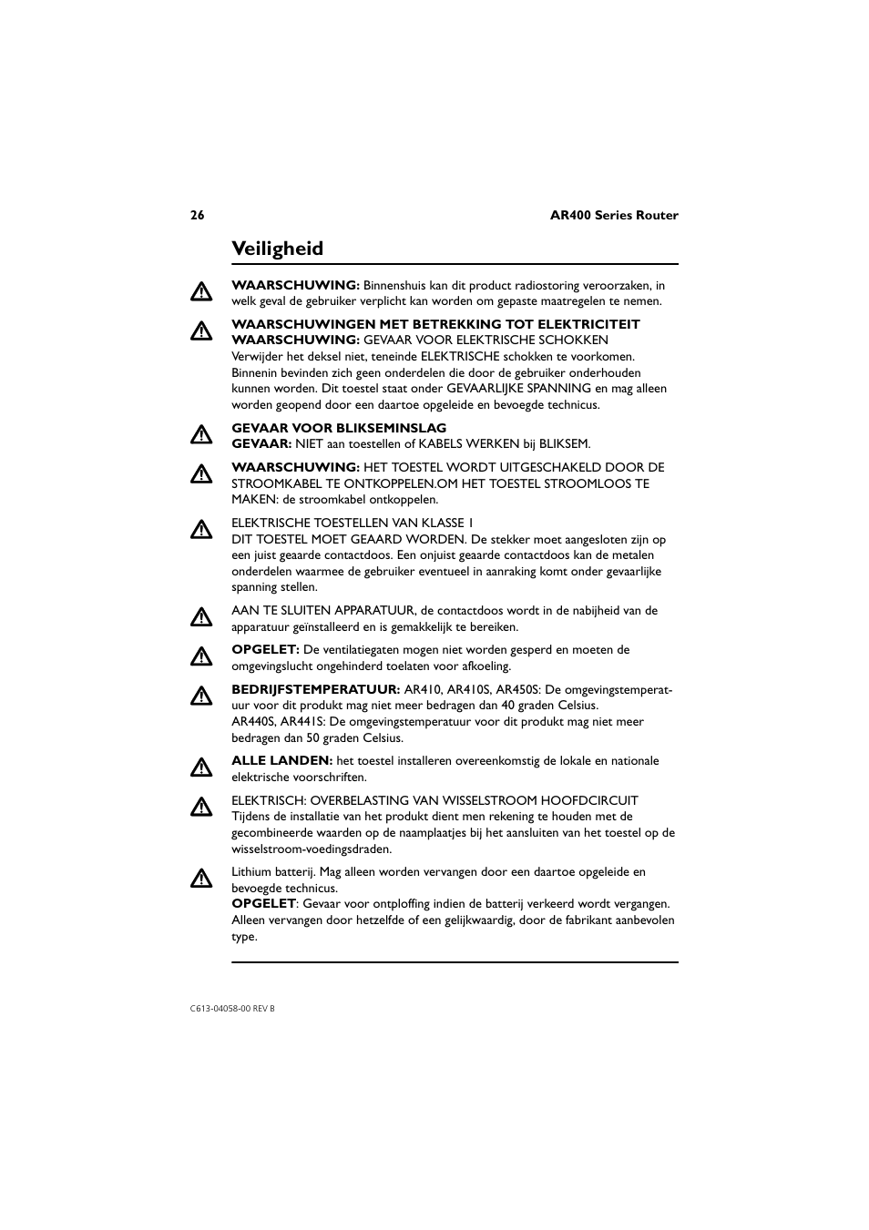 Veiligheid | Allied Telesis AR400 Series Router User Manual | Page 26 / 40
