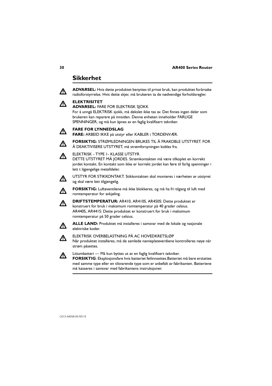 Sikkerhet | Allied Telesis AR400 Series Router User Manual | Page 30 / 40