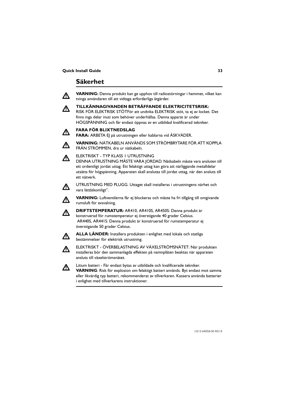 Säkerhet | Allied Telesis AR400 Series Router User Manual | Page 33 / 40