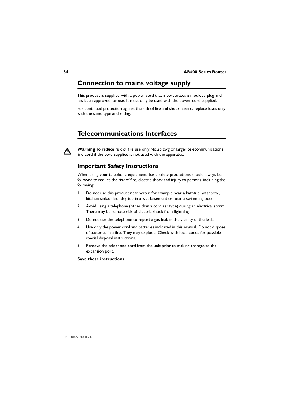 Connection to mains voltage supply, Telecommunications interfaces, Important safety instructions | Allied Telesis AR400 Series Router User Manual | Page 34 / 40