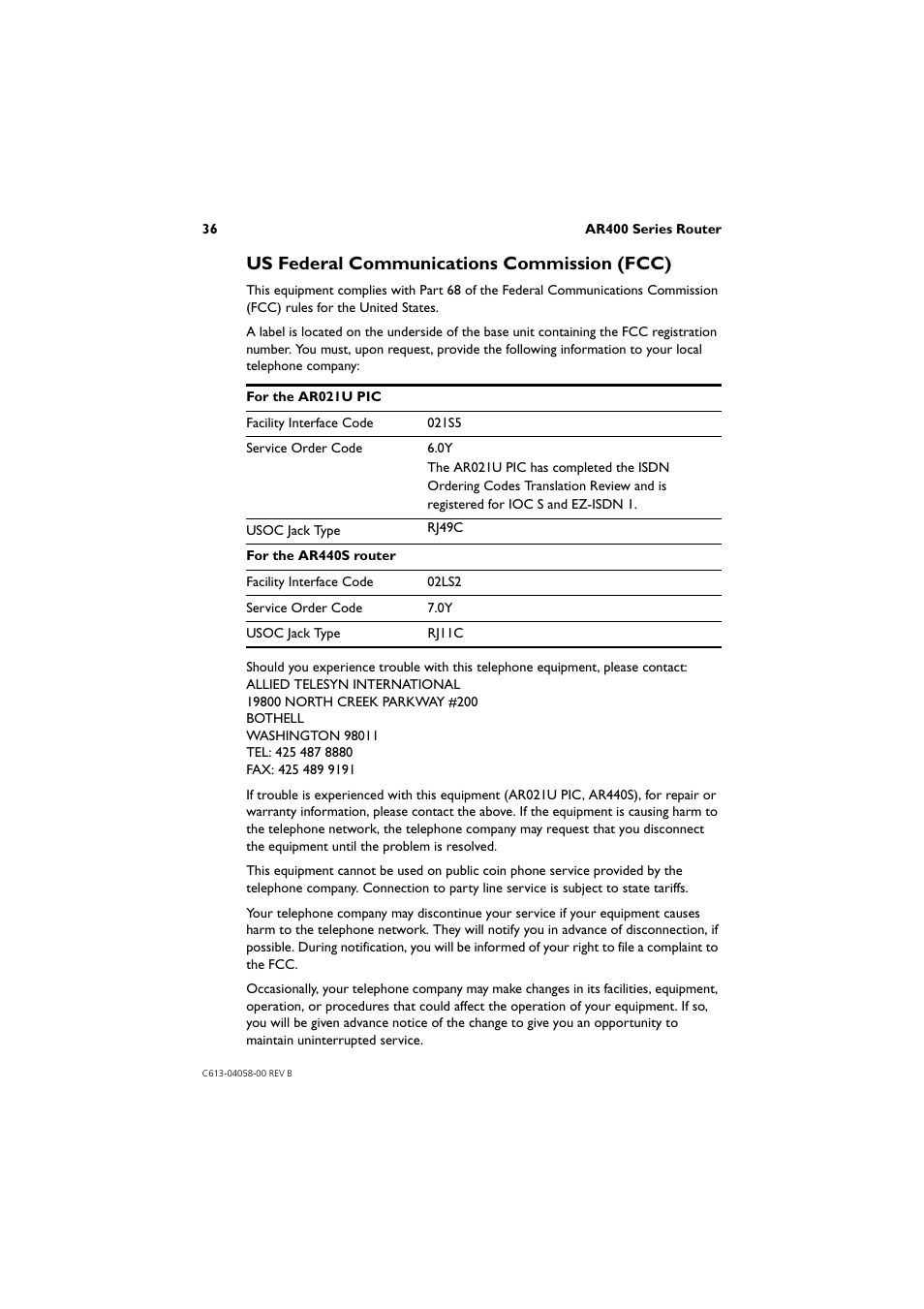 Us federal communications commission (fcc) | Allied Telesis AR400 Series Router User Manual | Page 36 / 40