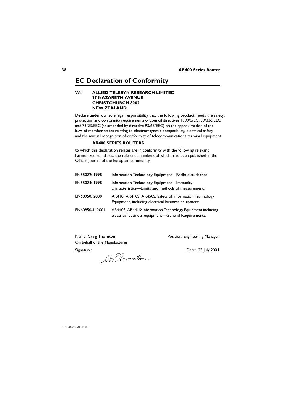 Ec declaration of conformity | Allied Telesis AR400 Series Router User Manual | Page 38 / 40