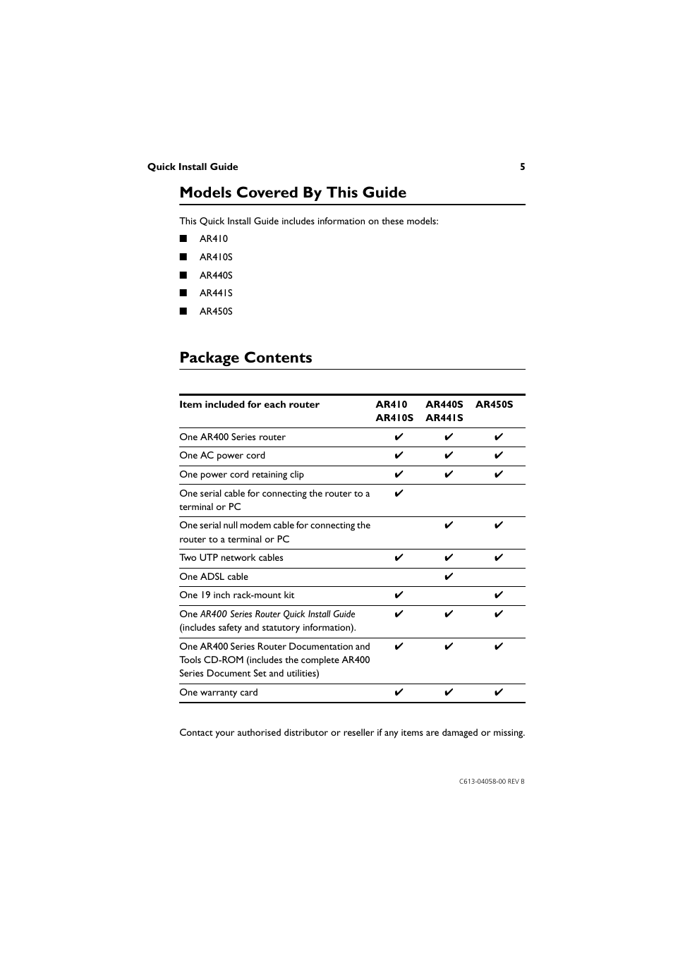 Models covered by this guide, Package contents | Allied Telesis AR400 Series Router User Manual | Page 5 / 40