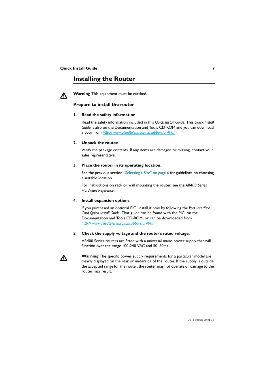 Installing the router | Allied Telesis AR400 Series Router User Manual | Page 7 / 40