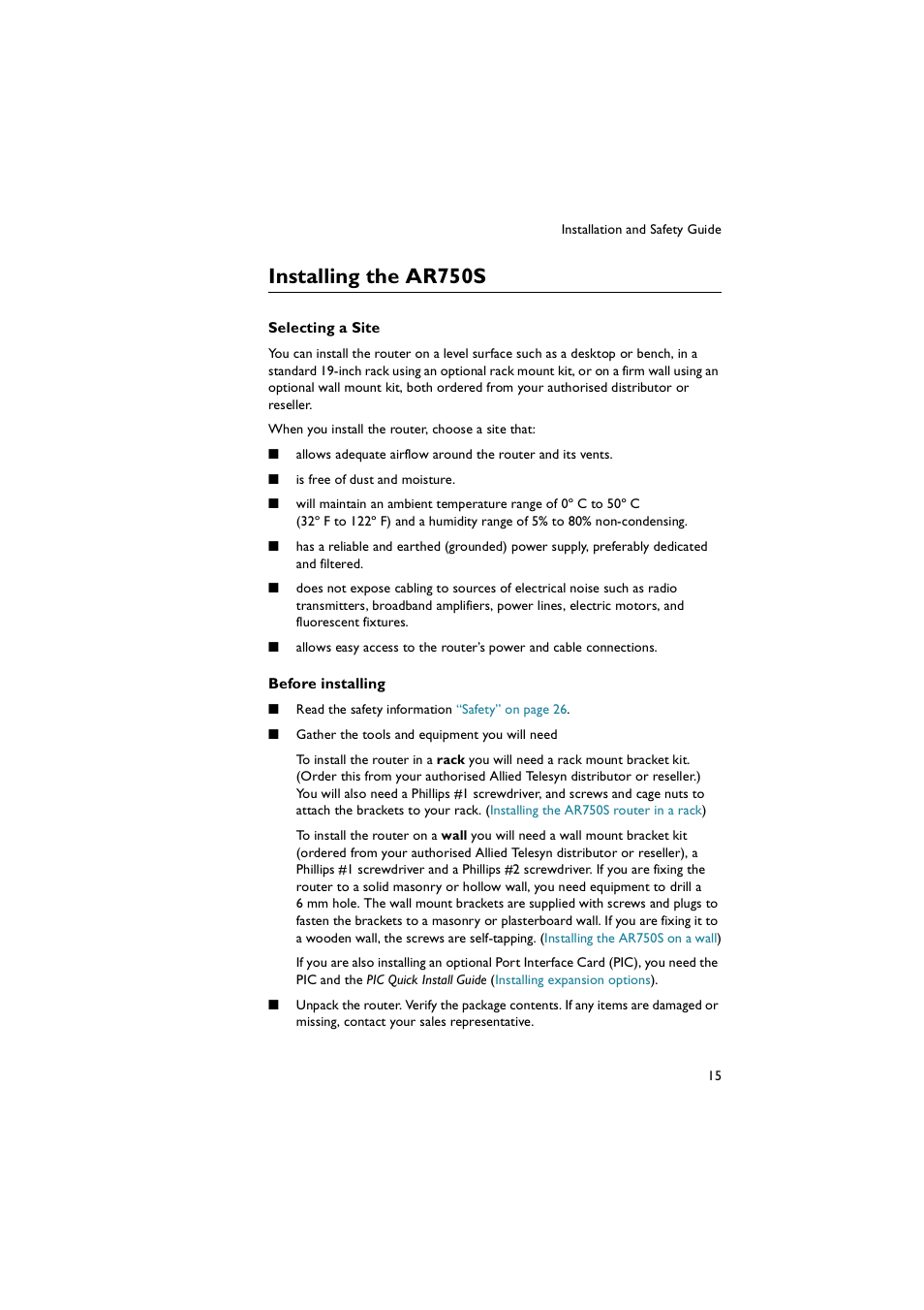 Installing the ar750s | Allied Telesis AR700 Series Router User Manual | Page 15 / 52