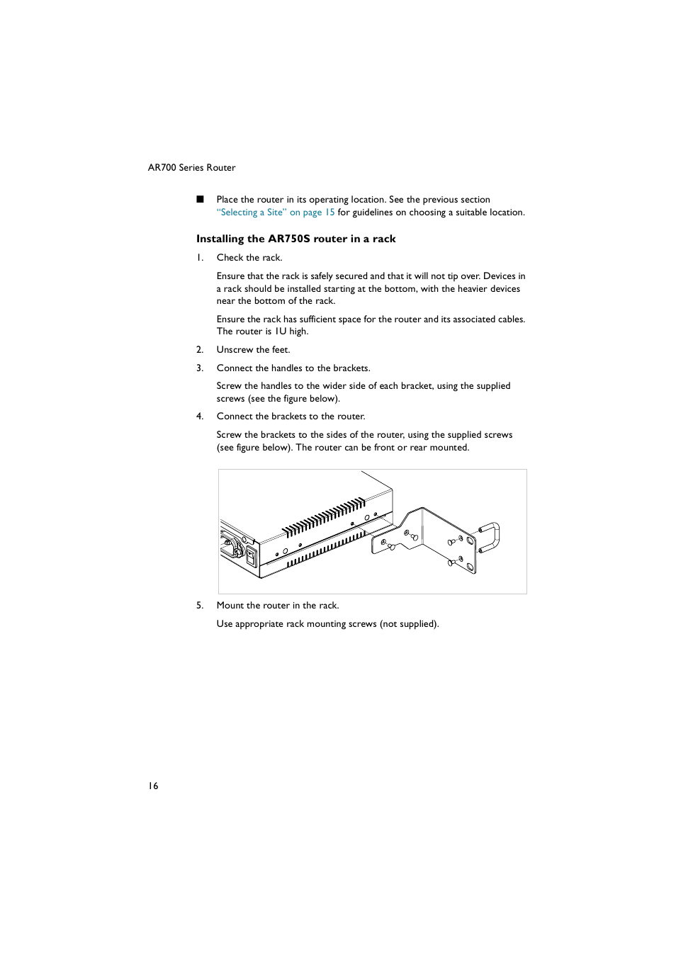 Installing the ar750s router in a rack | Allied Telesis AR700 Series Router User Manual | Page 16 / 52