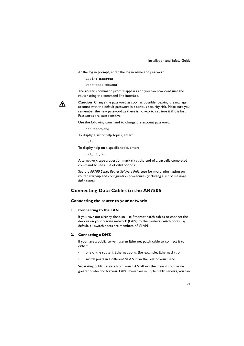 Connecting data cables to the ar750s | Allied Telesis AR700 Series Router User Manual | Page 21 / 52