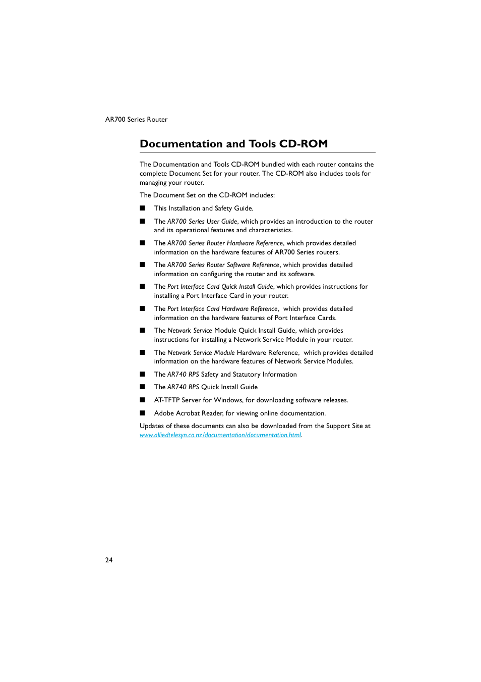 Documentation and tools cd-rom | Allied Telesis AR700 Series Router User Manual | Page 24 / 52