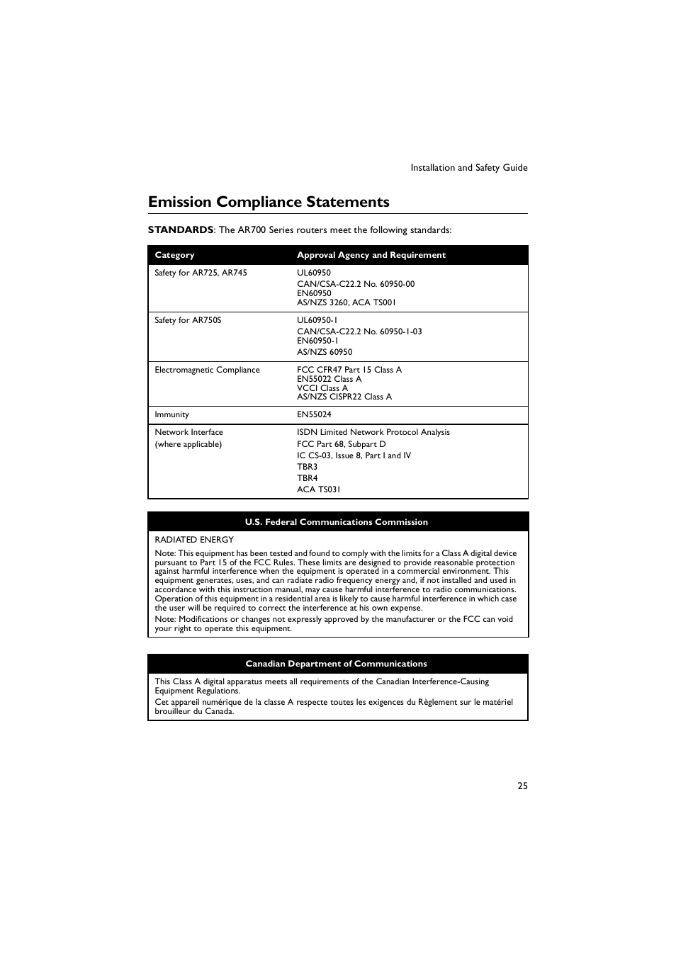 Emission compliance statements | Allied Telesis AR700 Series Router User Manual | Page 25 / 52