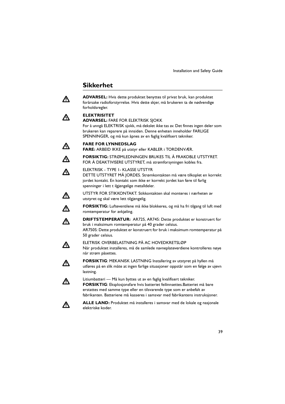 Sikkerhet | Allied Telesis AR700 Series Router User Manual | Page 39 / 52
