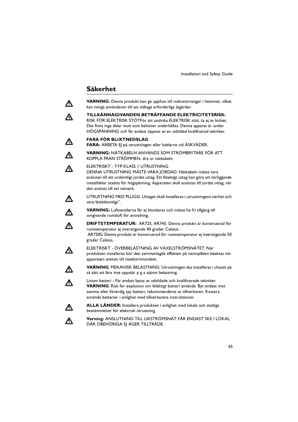 Säkerhet | Allied Telesis AR700 Series Router User Manual | Page 45 / 52