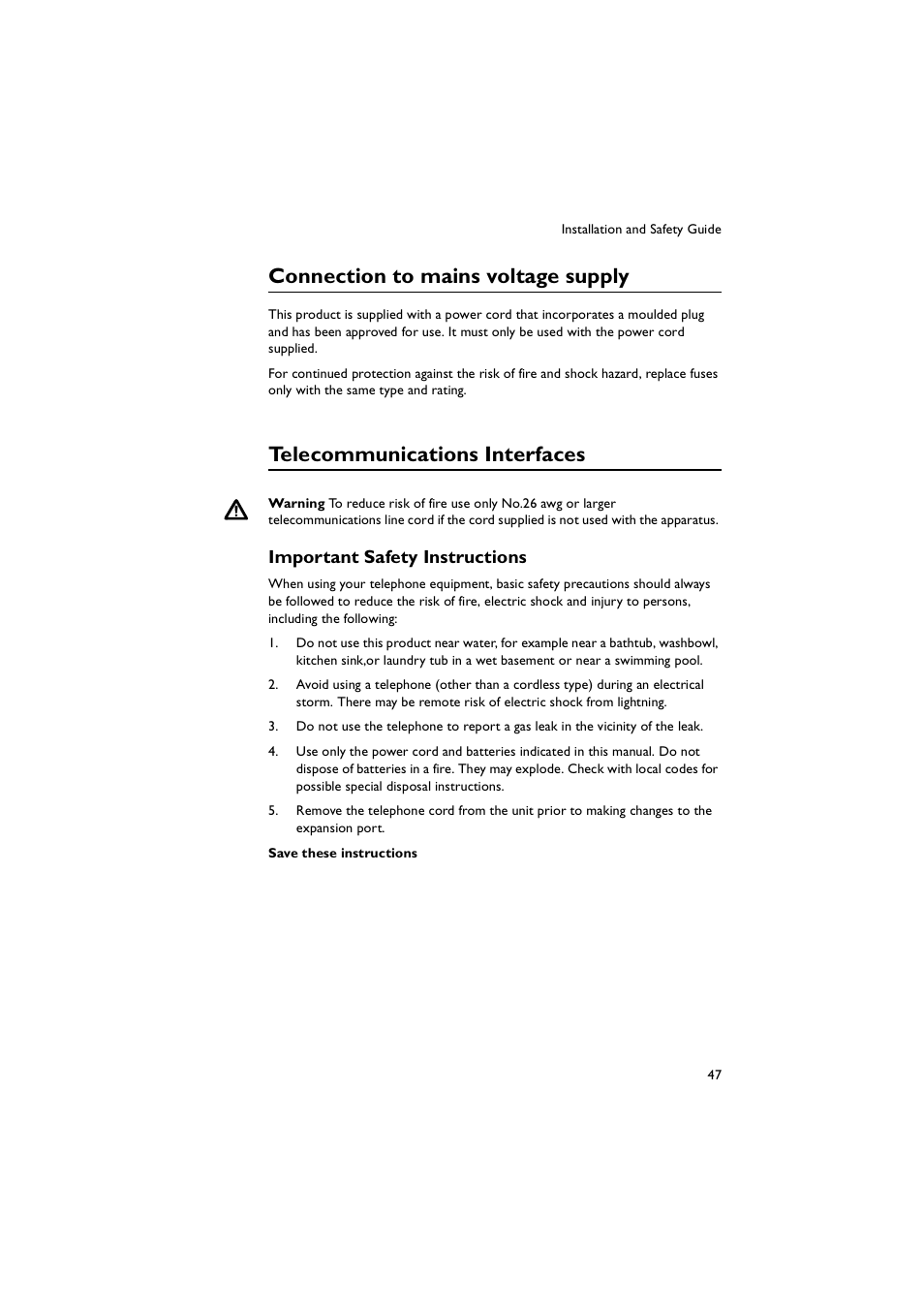 Connection to mains voltage supply, Telecommunications interfaces, Important safety instructions | Allied Telesis AR700 Series Router User Manual | Page 47 / 52