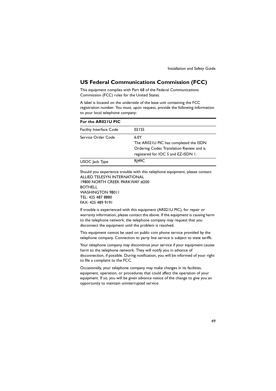Us federal communications commission (fcc) | Allied Telesis AR700 Series Router User Manual | Page 49 / 52