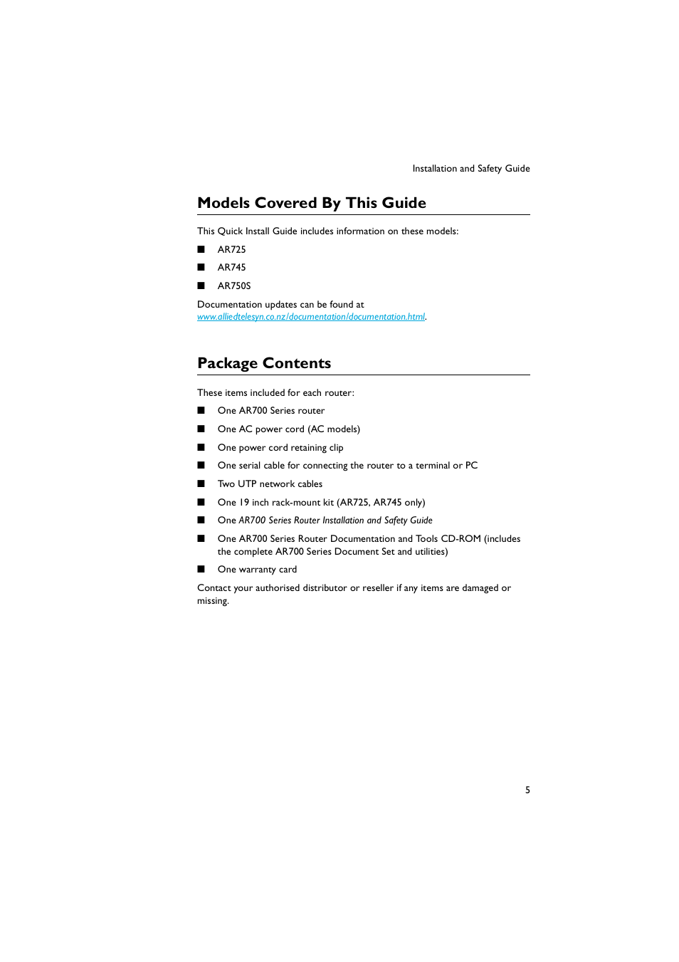Models covered by this guide, Package contents | Allied Telesis AR700 Series Router User Manual | Page 5 / 52