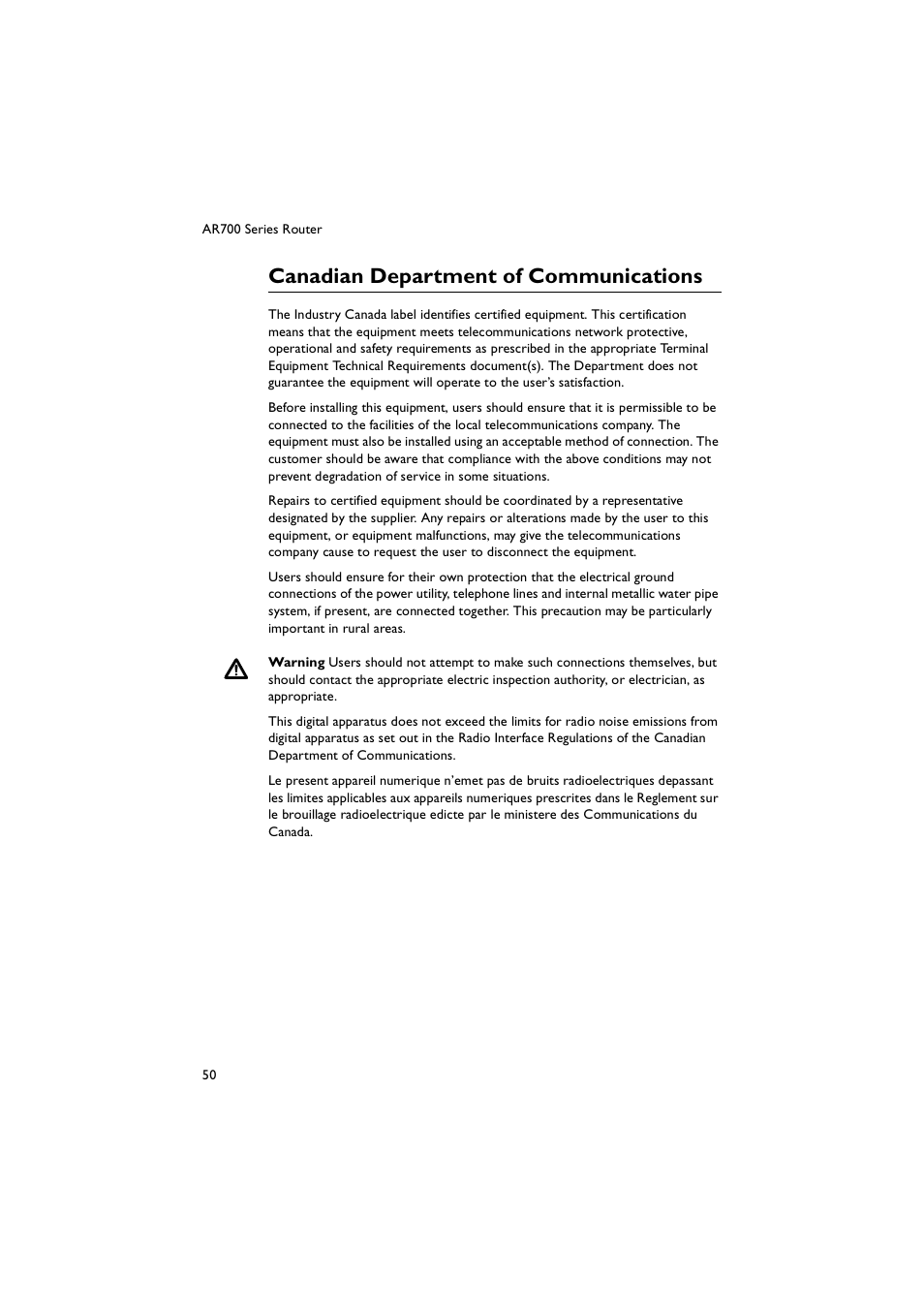 Canadian department of communications | Allied Telesis AR700 Series Router User Manual | Page 50 / 52