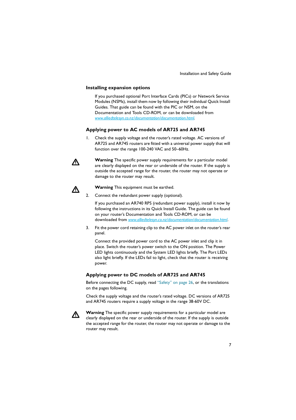Installing expansion options” on, Applying power to ac models, Applying power to dc models of | Allied Telesis AR700 Series Router User Manual | Page 7 / 52