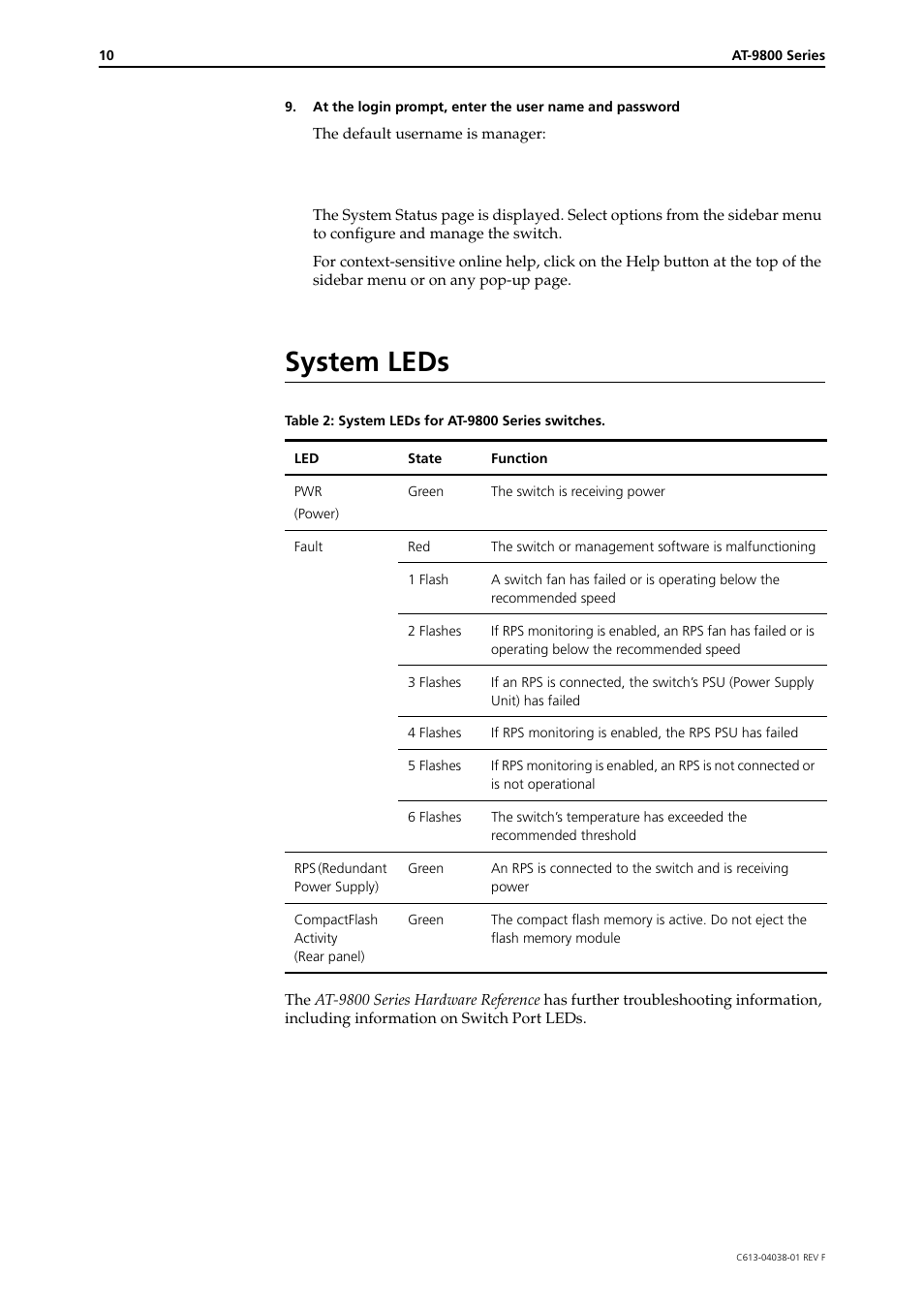 System leds | Allied Telesis AT-9800 Series Switch User Manual | Page 10 / 12