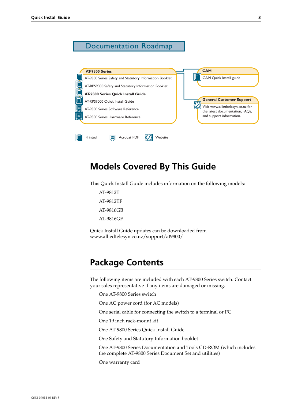 Models covered by this guide, Package contents, Documentation roadmap | Allied Telesis AT-9800 Series Switch User Manual | Page 3 / 12