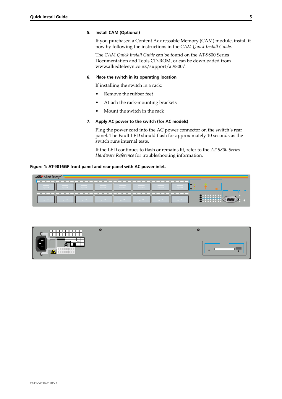Quick install guide 5, Install cam (optional), Place the switch in its operating location | Apply ac power to the switch (for ac models), Ac power at-rps8000 rps connector compact flash, At-9816gf | Allied Telesis AT-9800 Series Switch User Manual | Page 5 / 12