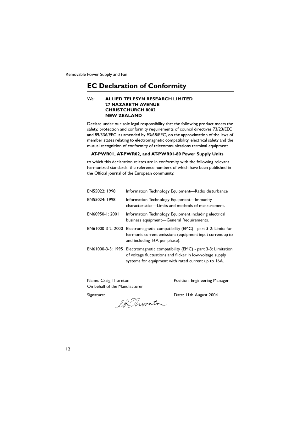 Ec declaration of conformity | Allied Telesis AT-9900s Switches User Manual | Page 12 / 12