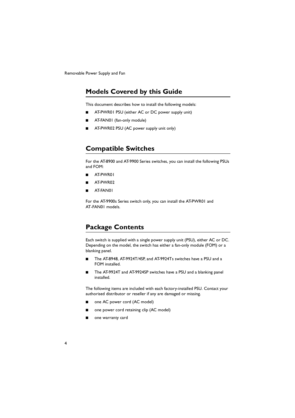 Models covered by this guide, Compatible switches, Package contents | Allied Telesis AT-9900s Switches User Manual | Page 4 / 12