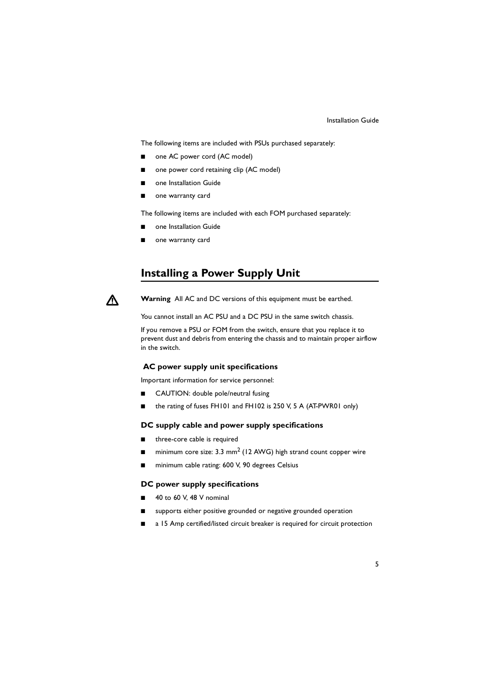 Installing a power supply unit | Allied Telesis AT-9900s Switches User Manual | Page 5 / 12