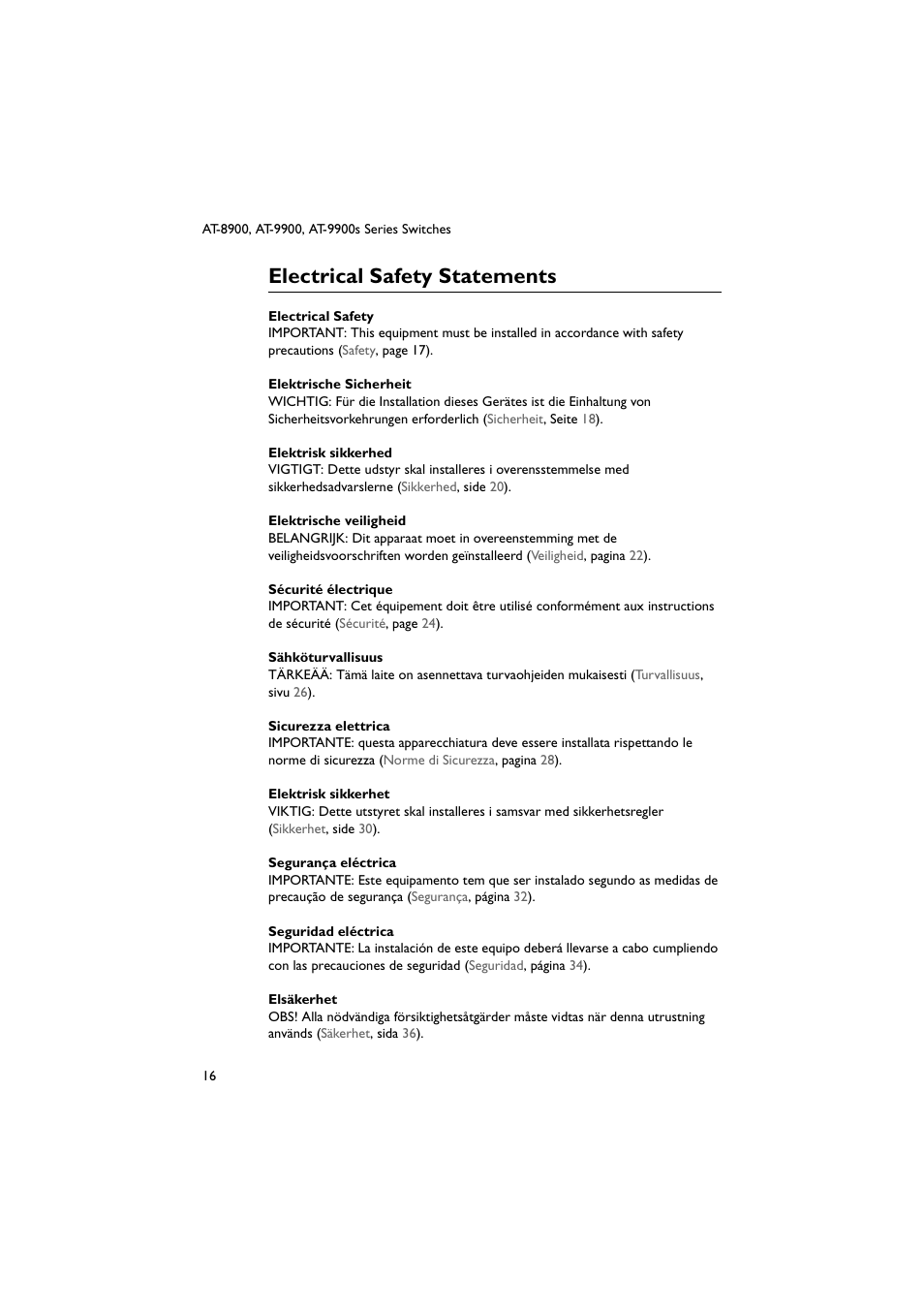 Electrical safety statements | Allied Telesis AT-9900s Switches User Manual | Page 16 / 38