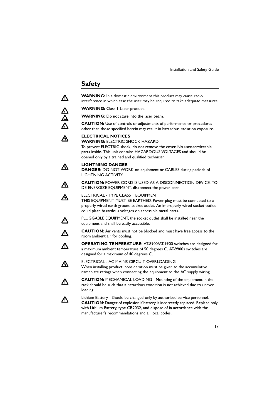 Safety, Age 17 | Allied Telesis AT-9900s Switches User Manual | Page 17 / 38