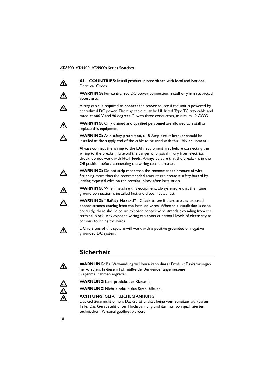 Sicherheit | Allied Telesis AT-9900s Switches User Manual | Page 18 / 38