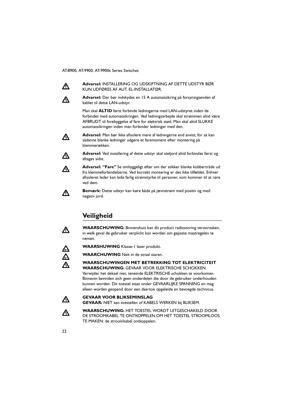 Veiligheid | Allied Telesis AT-9900s Switches User Manual | Page 22 / 38