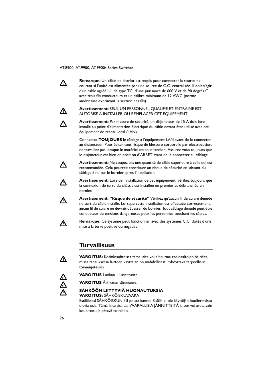 Turvallisuus | Allied Telesis AT-9900s Switches User Manual | Page 26 / 38