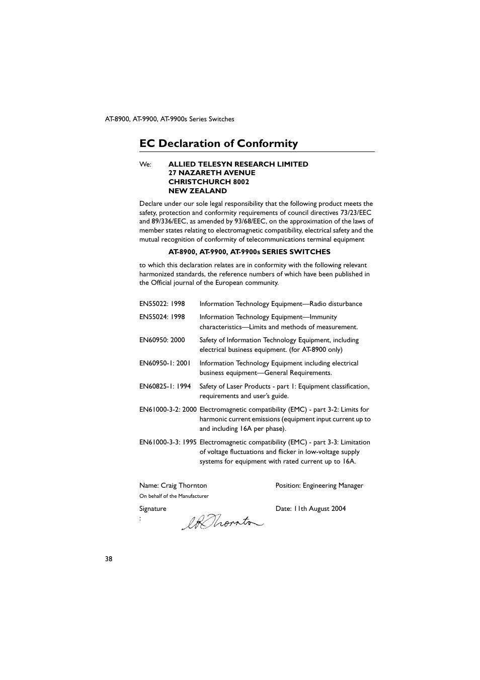 Ec declaration of conformity | Allied Telesis AT-9900s Switches User Manual | Page 38 / 38