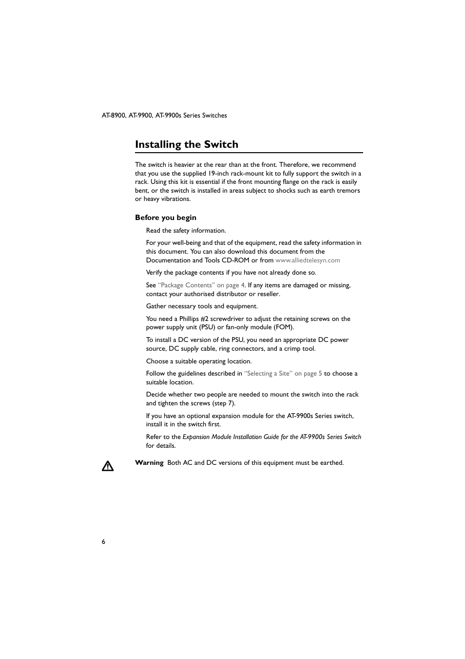 Installing the switch | Allied Telesis AT-9900s Switches User Manual | Page 6 / 38