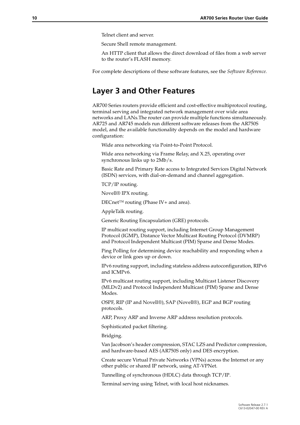 Layer 3 and other features | Allied Telesis AR700 SERIES Software Release 2.7.1 User Manual | Page 10 / 118