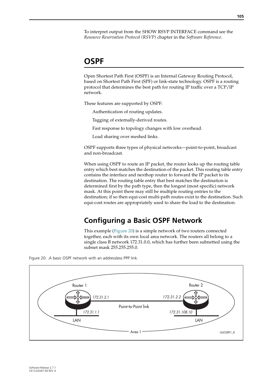 Ospf, Configuring a basic ospf network | Allied Telesis AR700 SERIES Software Release 2.7.1 User Manual | Page 105 / 118