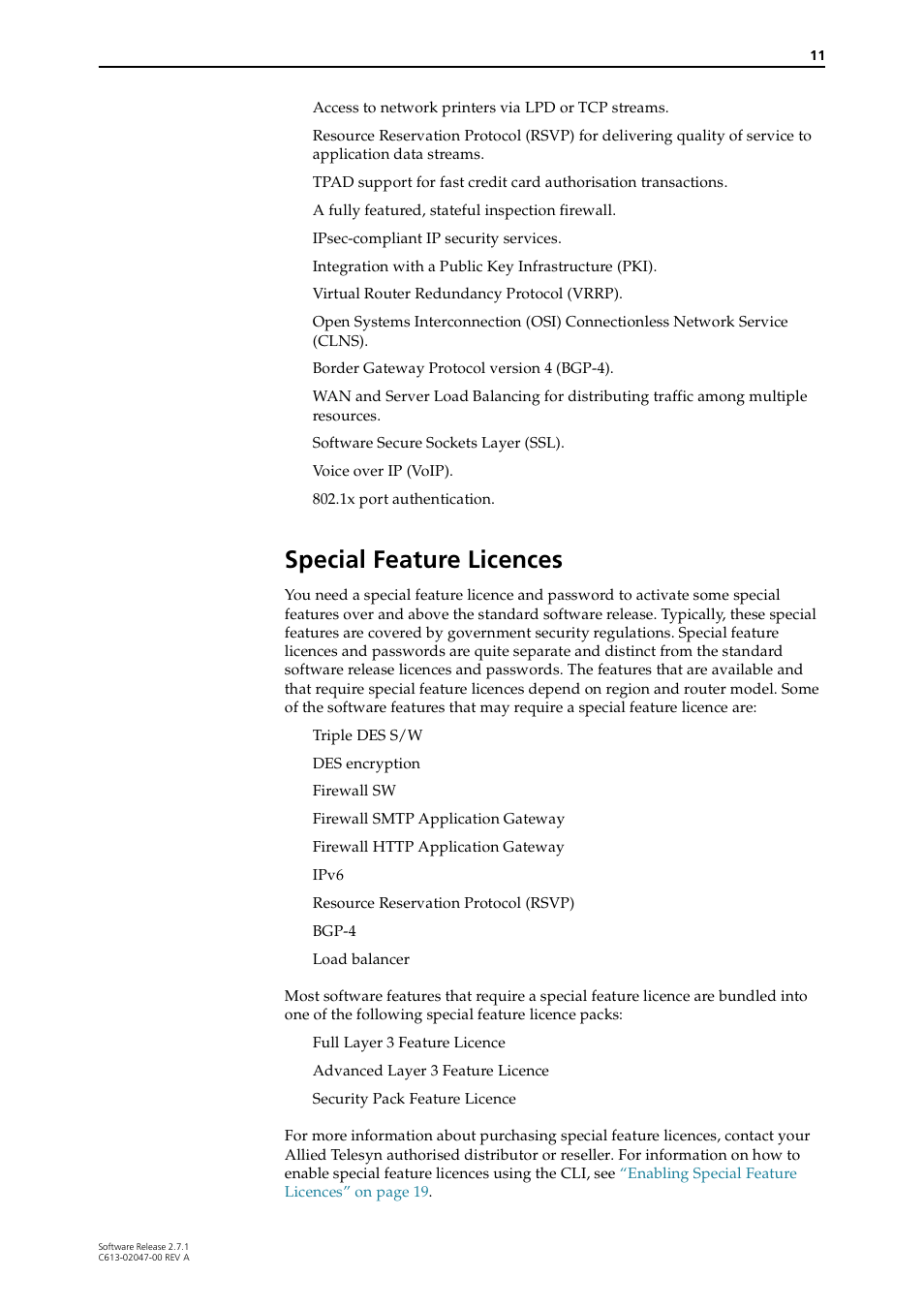 Special feature licences | Allied Telesis AR700 SERIES Software Release 2.7.1 User Manual | Page 11 / 118