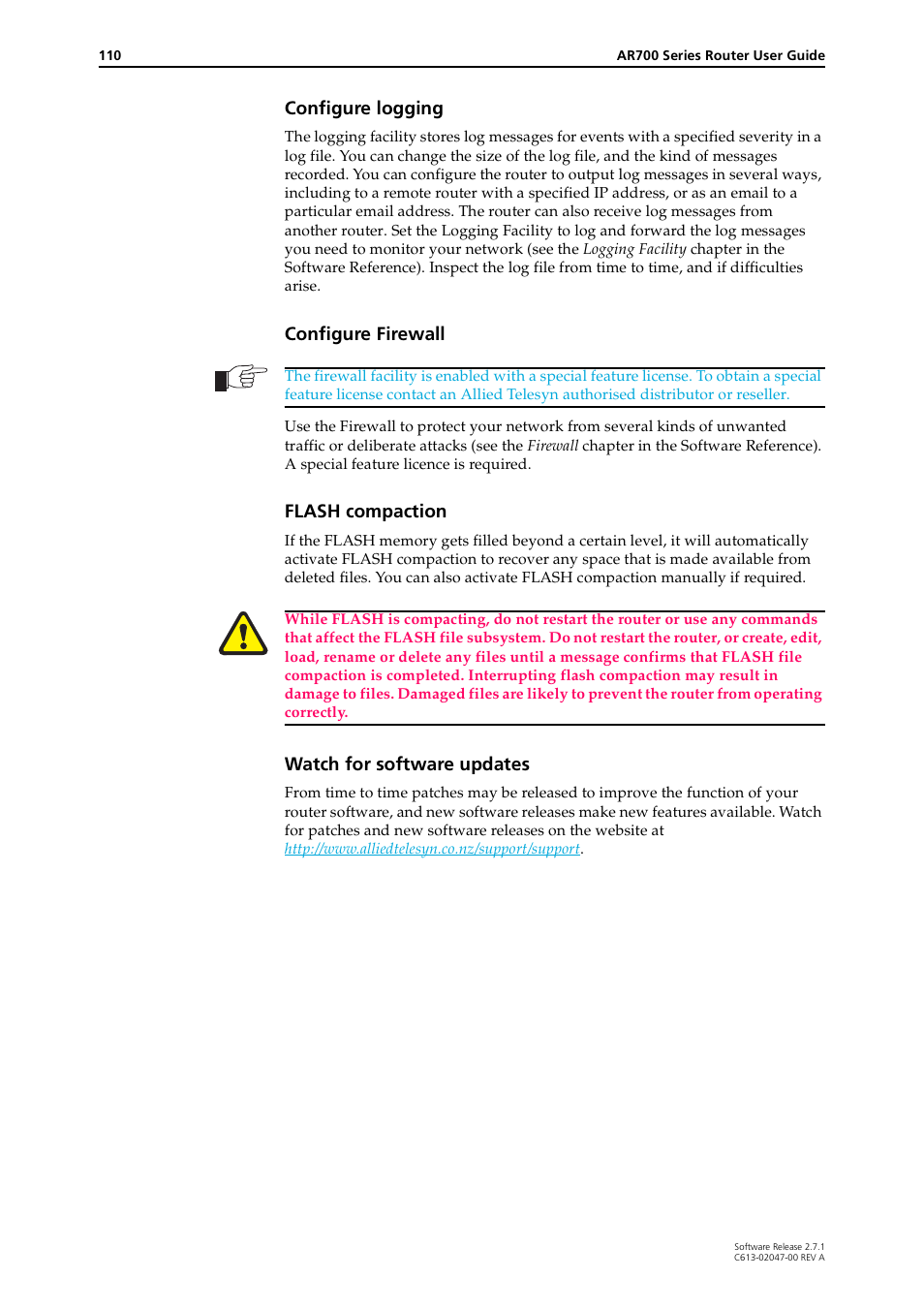 Configure logging, Configure firewall, Flash compaction | Watch for software updates | Allied Telesis AR700 SERIES Software Release 2.7.1 User Manual | Page 110 / 118