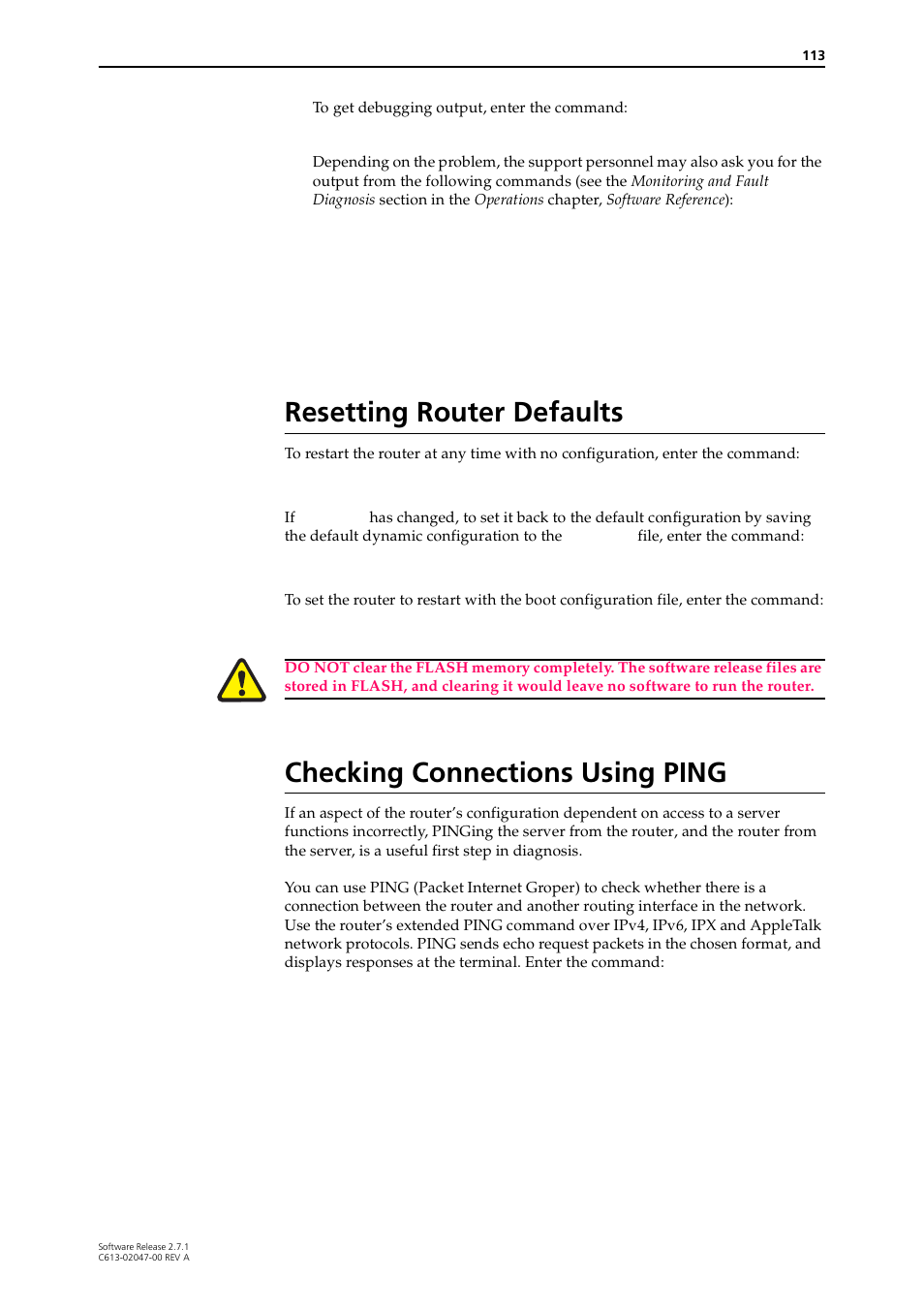 Resetting router defaults, Checking connections using ping, Resetting router | Allied Telesis AR700 SERIES Software Release 2.7.1 User Manual | Page 113 / 118