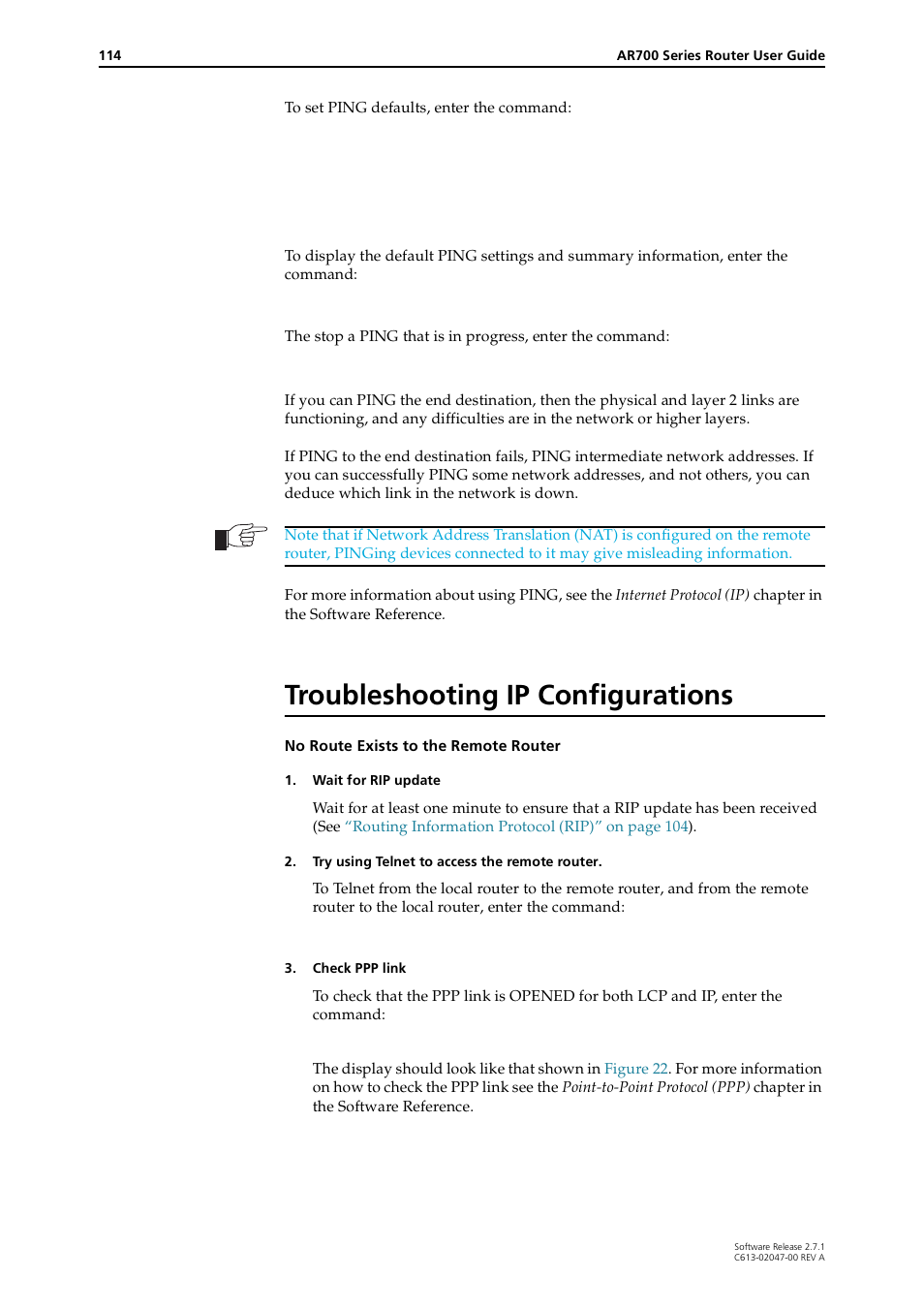 Troubleshooting ip configurations, Troubleshooting | Allied Telesis AR700 SERIES Software Release 2.7.1 User Manual | Page 114 / 118