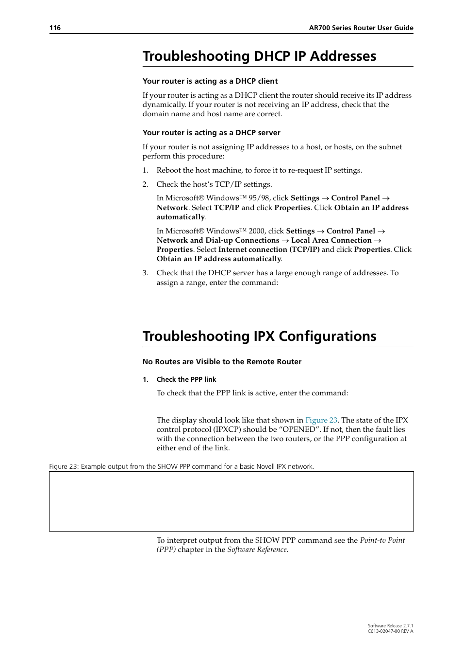 Troubleshooting dhcp ip addresses, Troubleshooting ipx configurations, Troubleshooting dhcp ip addresses” on | Allied Telesis AR700 SERIES Software Release 2.7.1 User Manual | Page 116 / 118