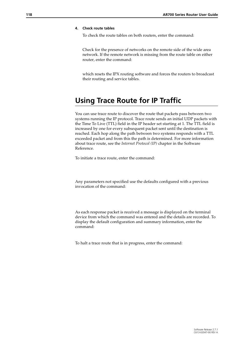Using trace route for ip traffic | Allied Telesis AR700 SERIES Software Release 2.7.1 User Manual | Page 118 / 118