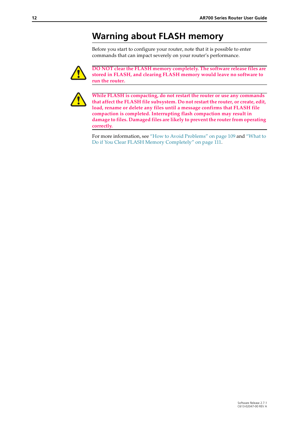 Warning about flash memory | Allied Telesis AR700 SERIES Software Release 2.7.1 User Manual | Page 12 / 118