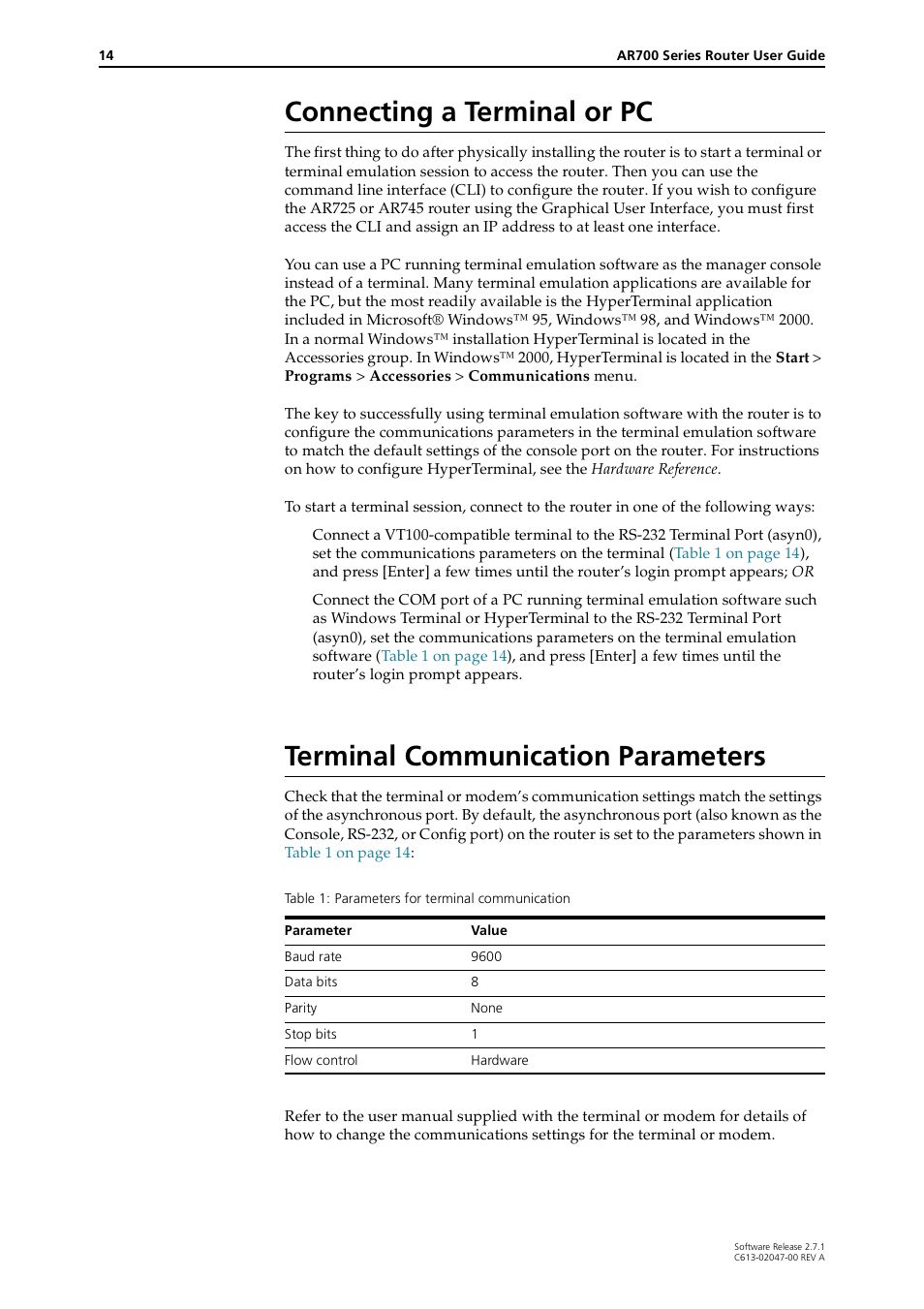 Connecting a terminal or pc, Terminal communication parameters, Connecting a | Allied Telesis AR700 SERIES Software Release 2.7.1 User Manual | Page 14 / 118