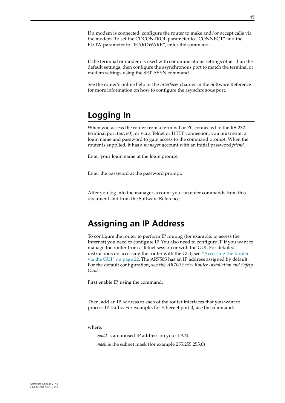 Logging in, Assigning an ip address, Logging in assigning an ip address | Allied Telesis AR700 SERIES Software Release 2.7.1 User Manual | Page 15 / 118