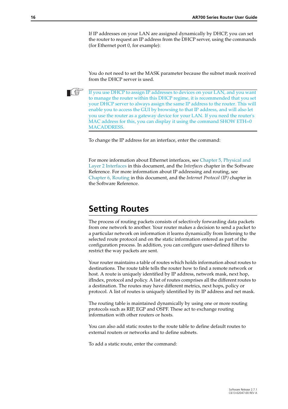 Setting routes | Allied Telesis AR700 SERIES Software Release 2.7.1 User Manual | Page 16 / 118